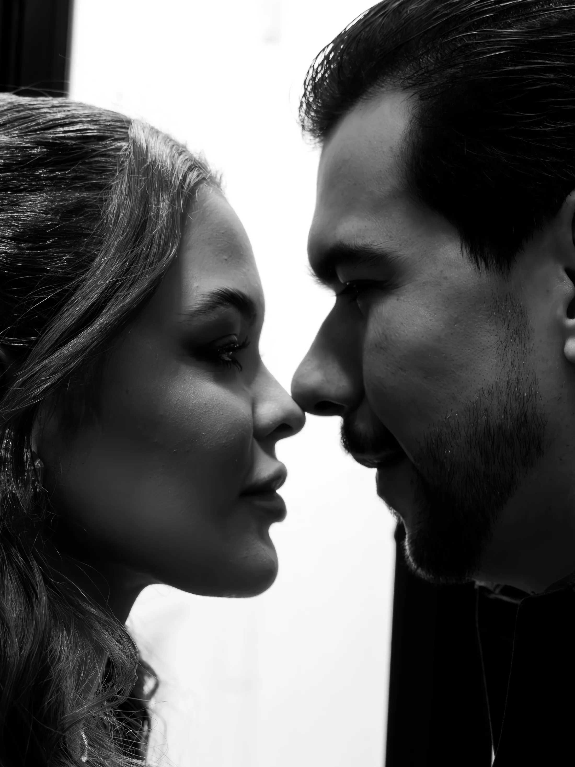 Rostos de um casal próximos, em retrato de perfil preto e branco.